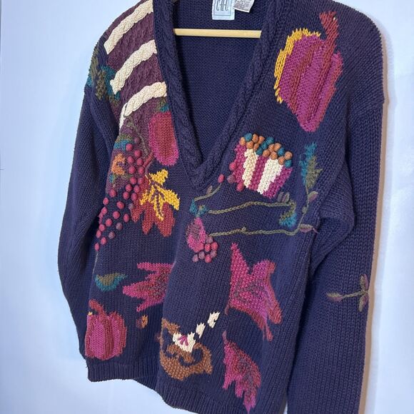 VTG‎ CHU Hand Knit Floral Womens Medium Sweater Grandmacore Garden Fall Artsy - Picture 3 of 10
